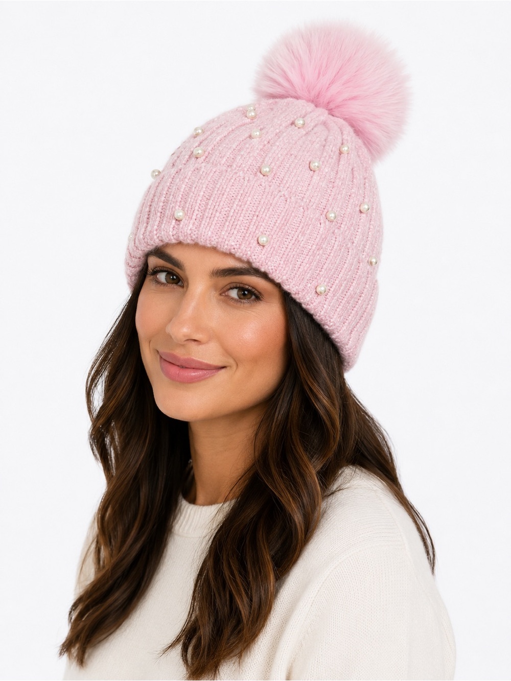 Pink Pearl-Embellished Knit Pom Beanie